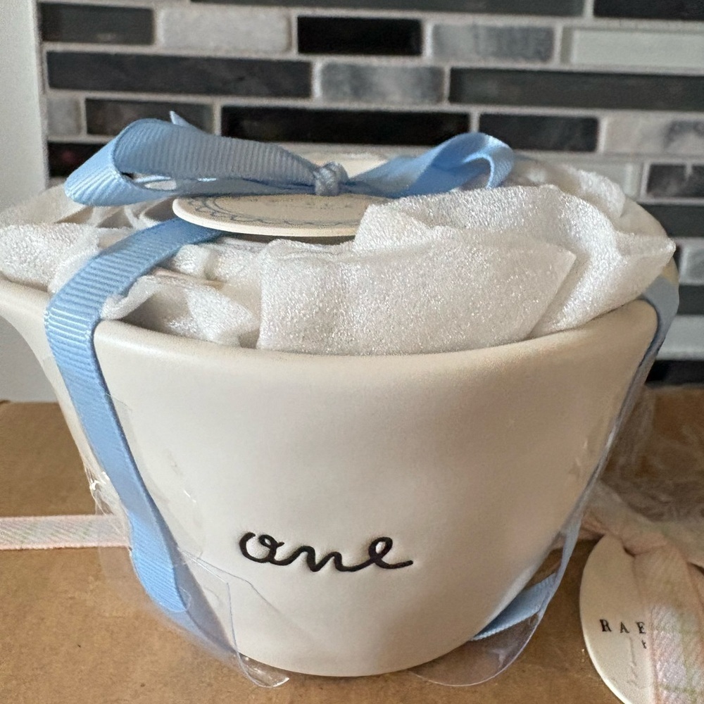 Rae Dunn Ceramic Measuring Cups with Blue Ribbon